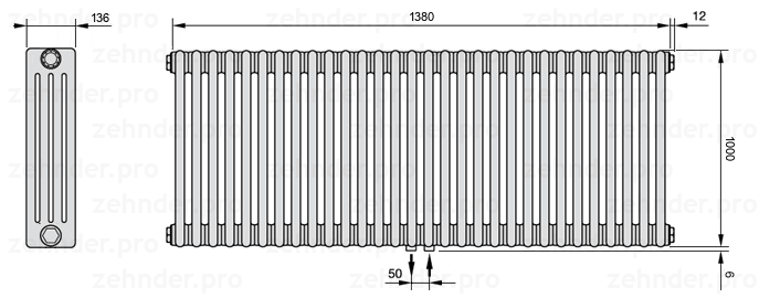 Схема (чертеж) Радиатор Zehnder Charleston 4100/30 №5410 Белый глянцевый RAL 9016